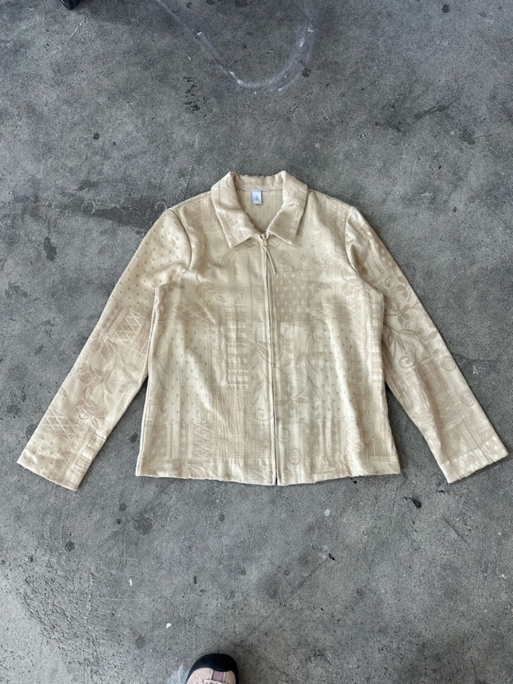 Cropped Dress Barn Cream Flower Textured Zip-Front Blazer Jacket